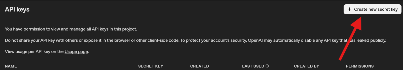 Create new secret keyボタン