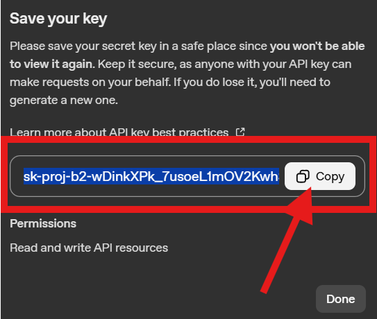 APIキーのコピー画面