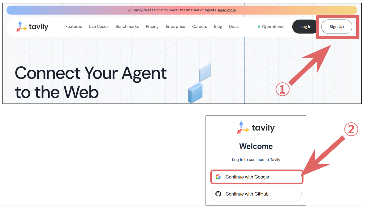 Tavilyのサインアップとログイン画面