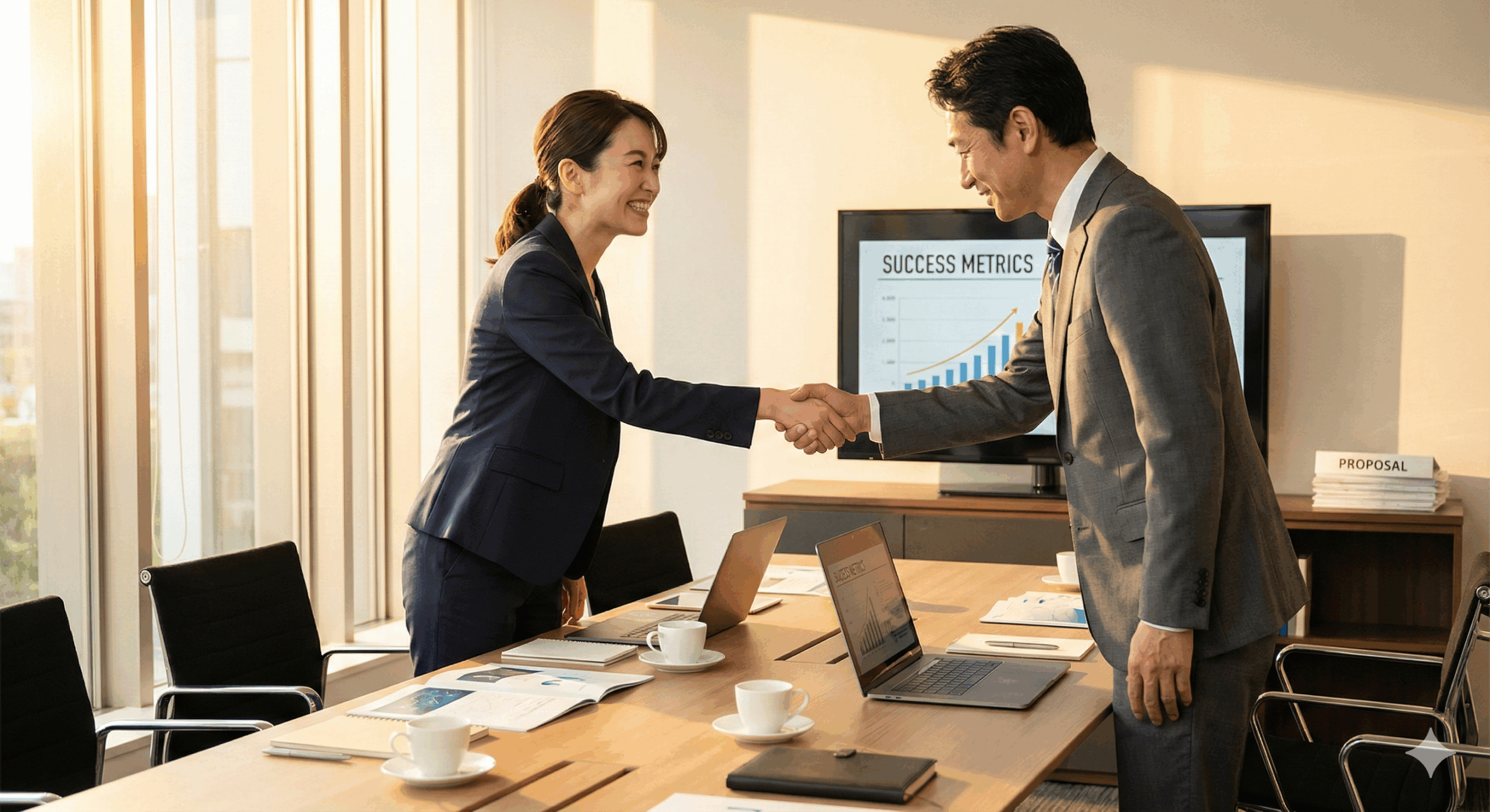 笑顔でクライアントと握手する女性営業担当者